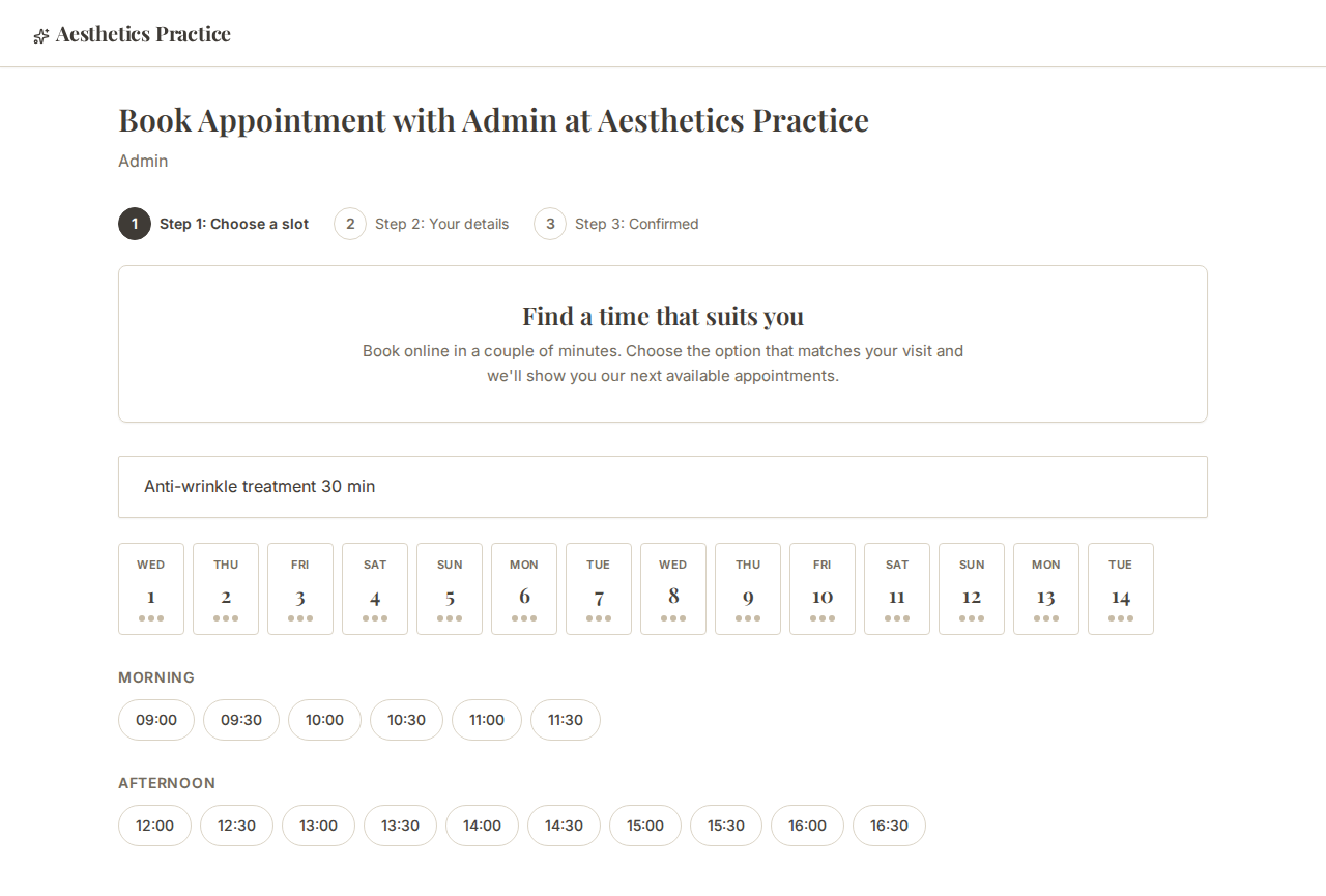 Public treatment booking landing page
