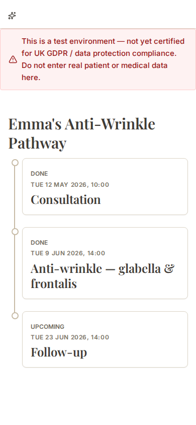 A client's own phone view of their full treatment pathway, from initial consultation through to an upcoming review