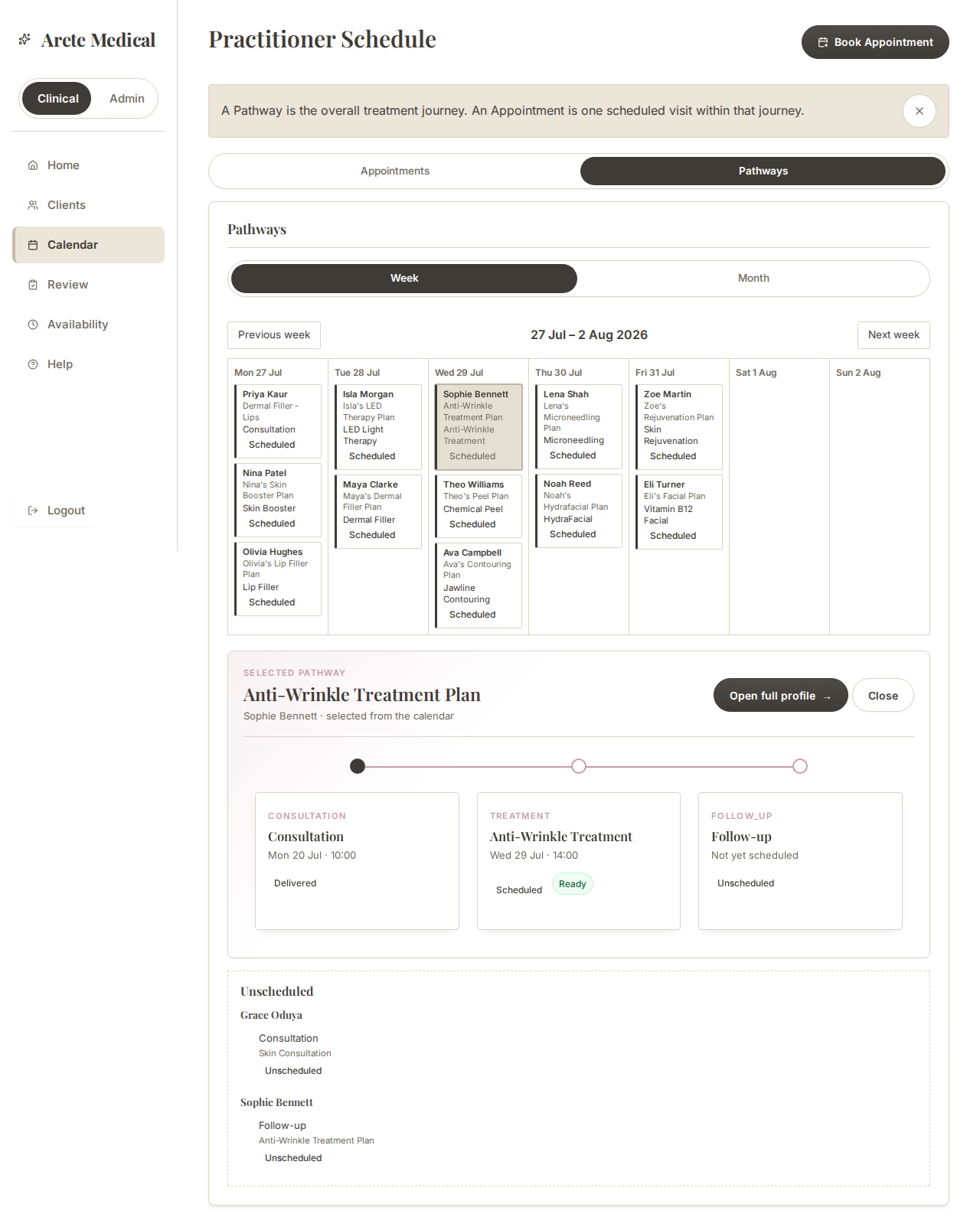Pathway tracking in Arete Medical — practice calendar and a client's treatment pathway